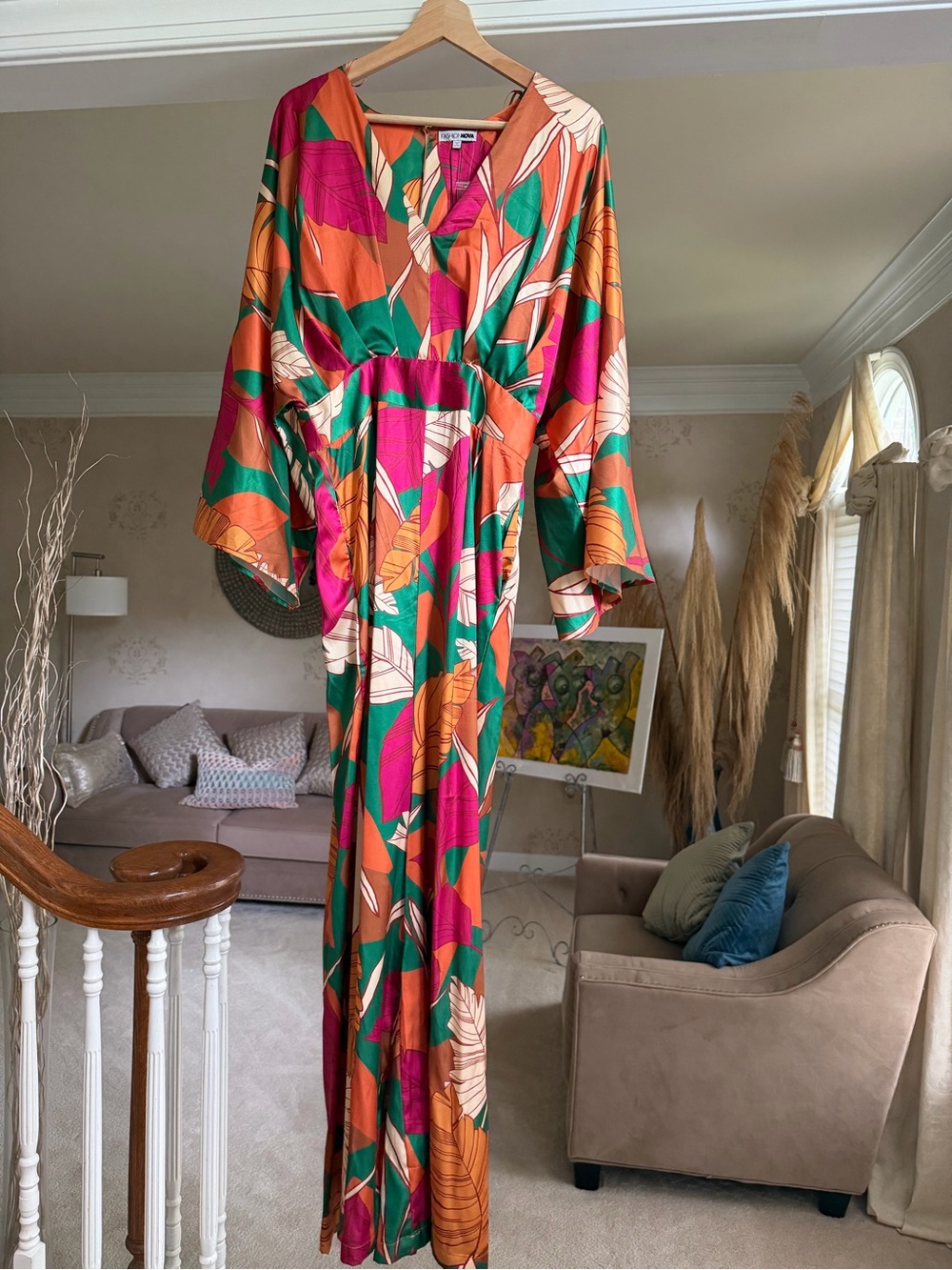 Bold Tropical Print Jumpsuit in Orange, Fuchsia & Green